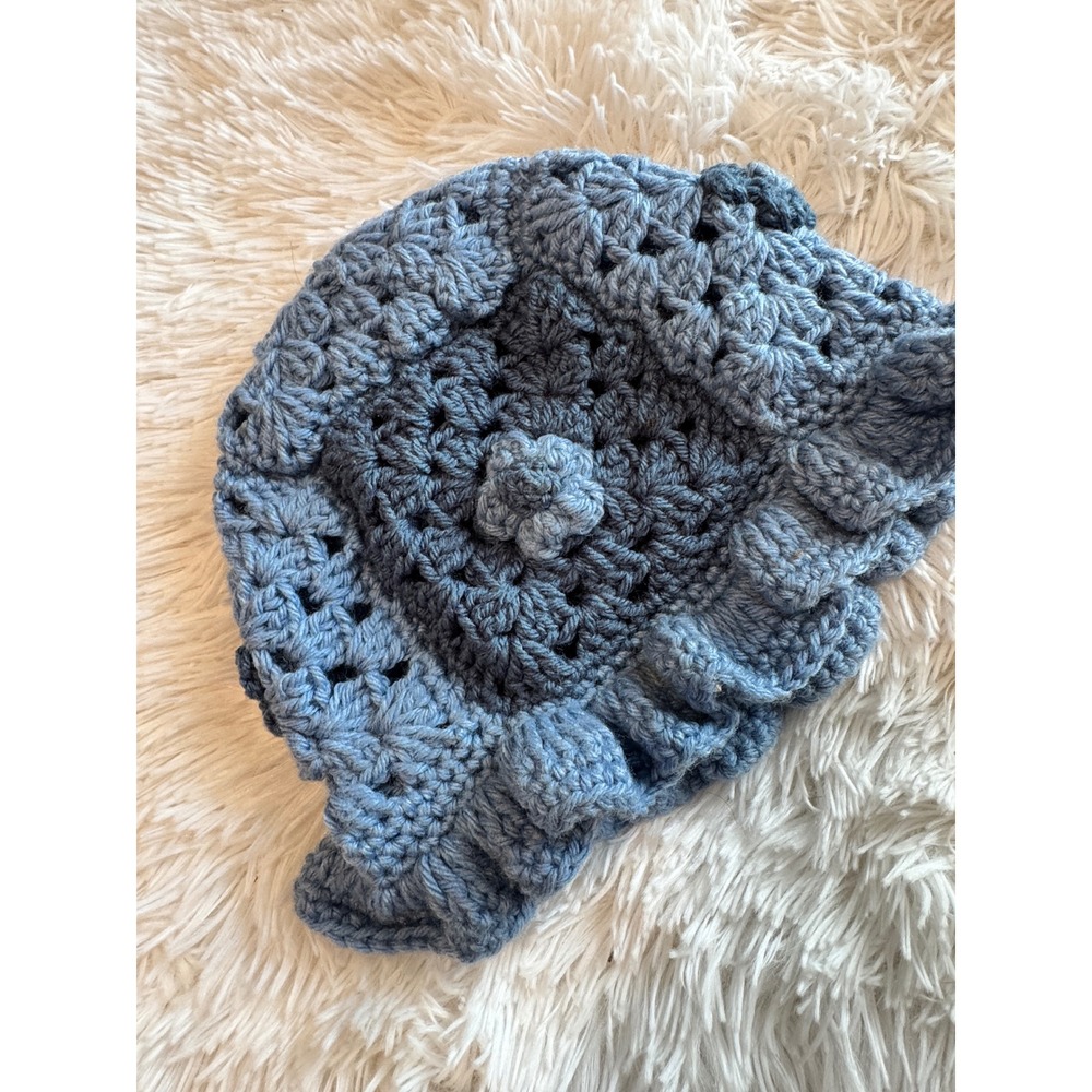 Handmade Crochet Ruffle Bucket Hat Blue Granny Square Floral Cottagecore Boho
